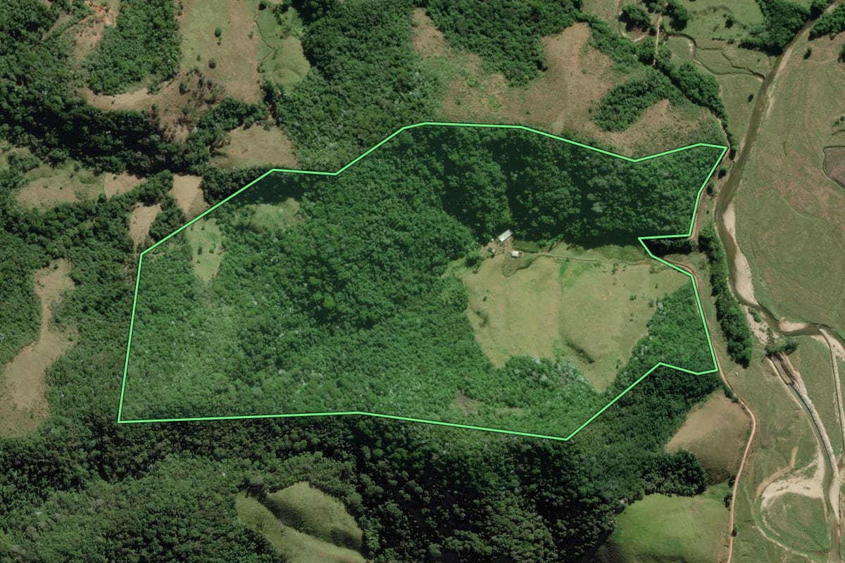 Imagem de satélite do imóvel rural em Silva Jardim (RJ), com o contorno declarado no CAR desenhado por cima.