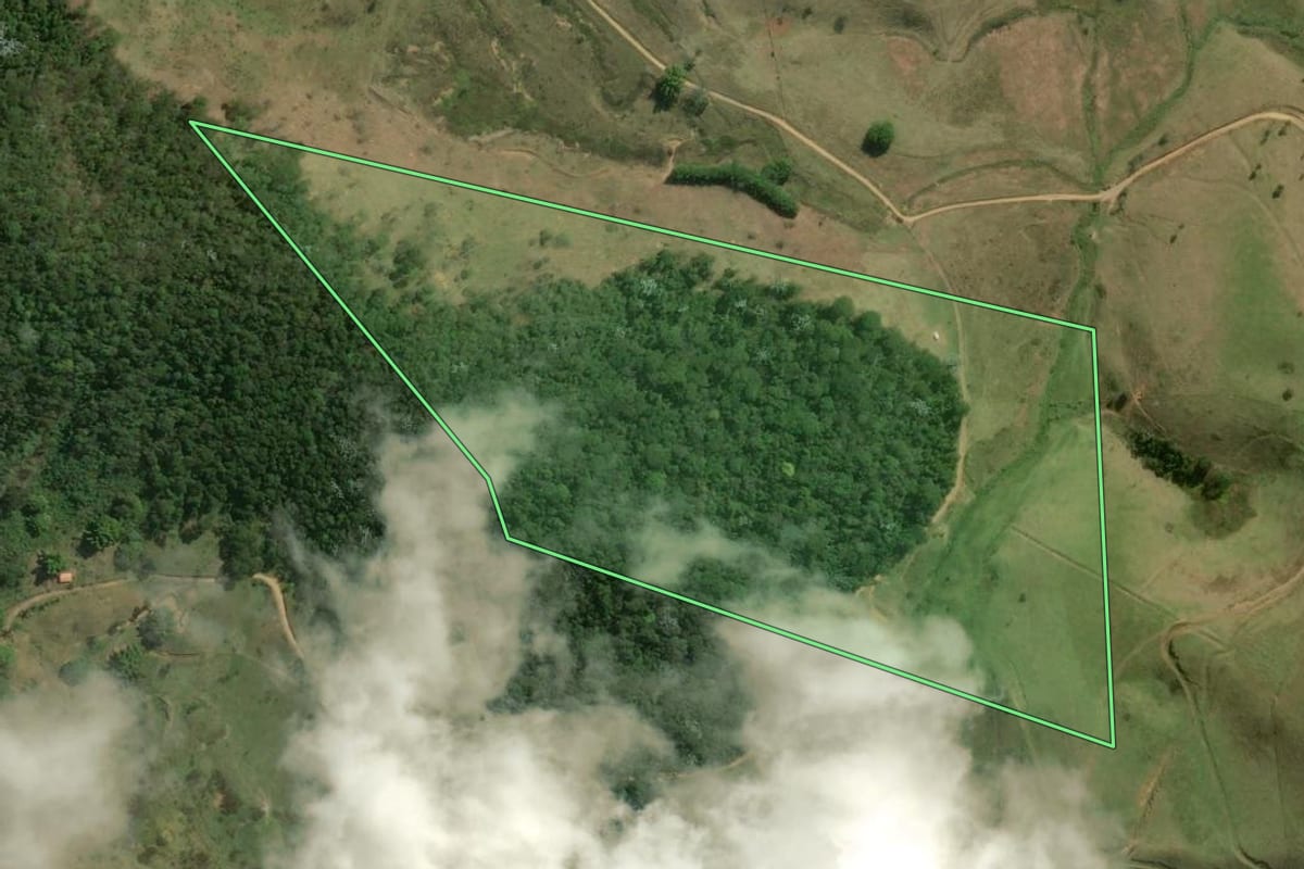 Imagem de satélite do imóvel rural em Sumidouro (RJ), com o contorno declarado no CAR desenhado por cima.