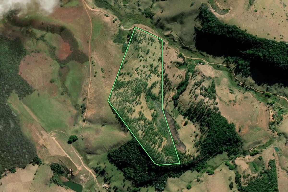 Imagem de satélite do imóvel rural em Sumidouro (RJ), com o contorno declarado no CAR desenhado por cima.