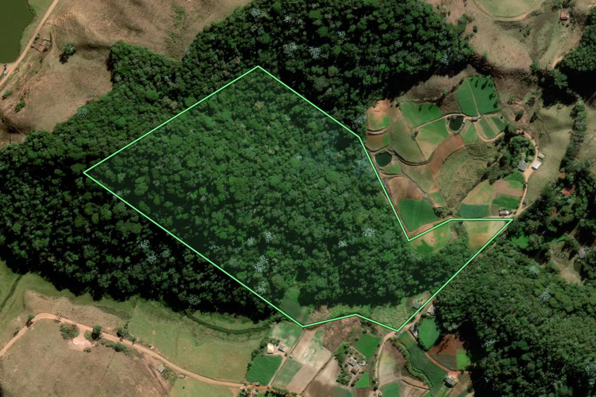Imagem de satélite do imóvel rural em Sumidouro (RJ), com o contorno declarado no CAR desenhado por cima.