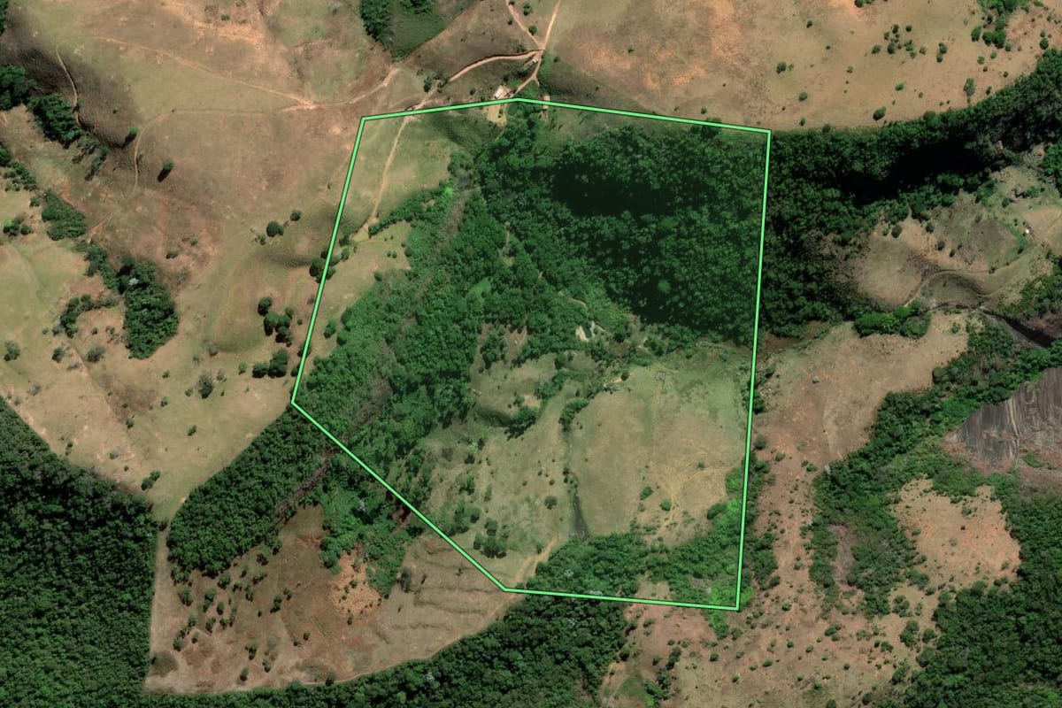 Imagem de satélite do imóvel rural em Sumidouro (RJ), com o contorno declarado no CAR desenhado por cima.