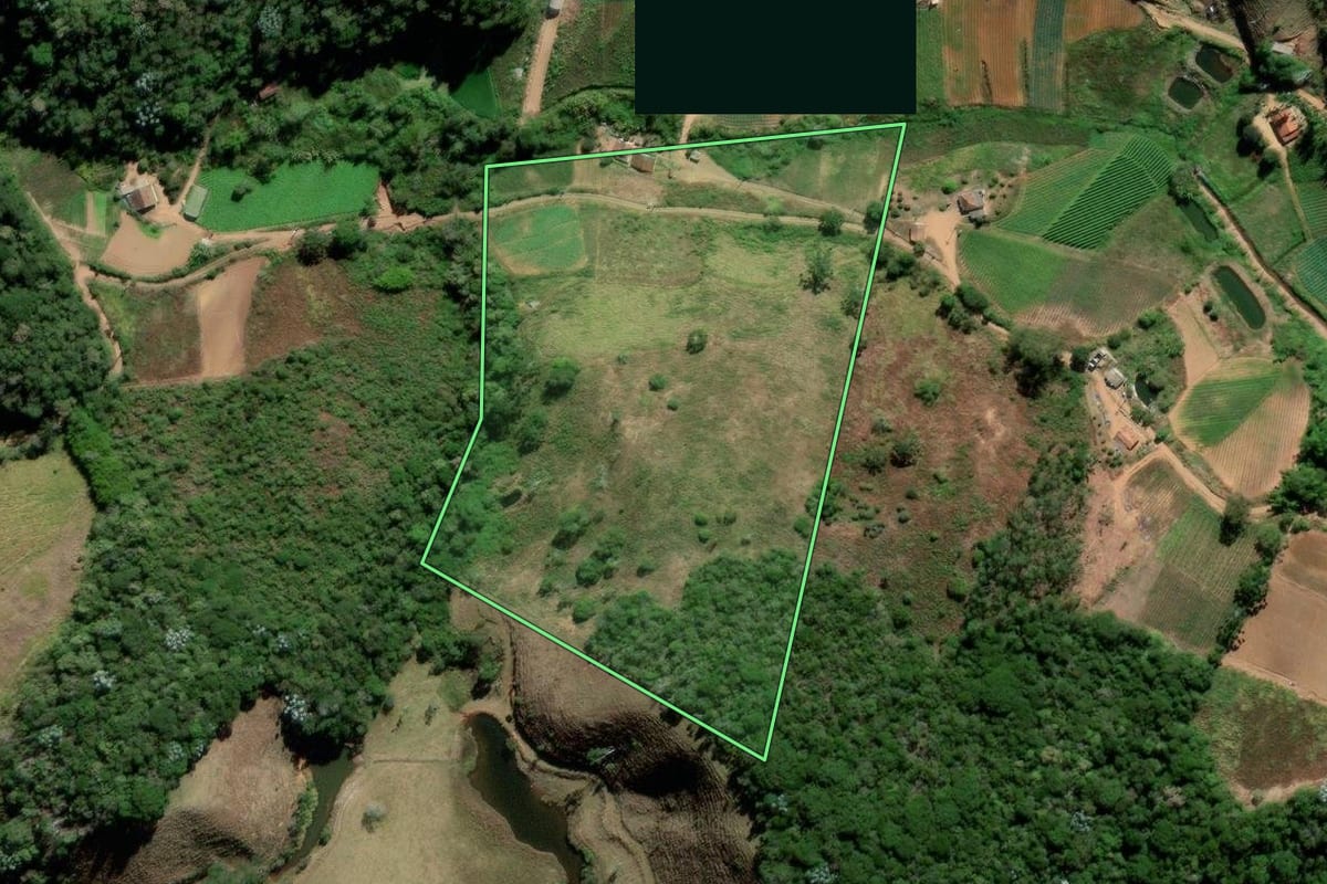 Imagem de satélite do imóvel rural em Sumidouro (RJ), com o contorno declarado no CAR desenhado por cima.