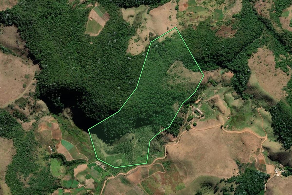 Imagem de satélite do imóvel rural em Sumidouro (RJ), com o contorno declarado no CAR desenhado por cima.