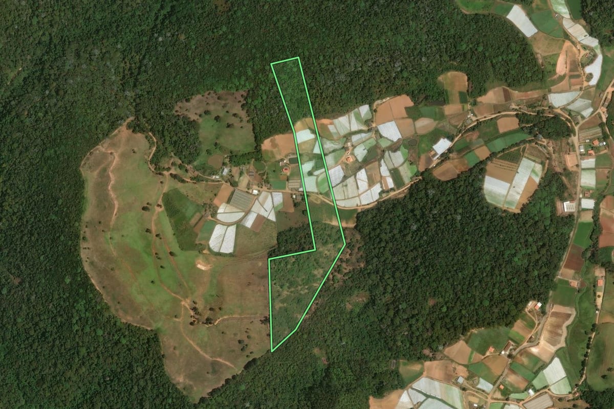 Imagem de satélite do imóvel rural em Sumidouro (RJ), com o contorno declarado no CAR desenhado por cima.