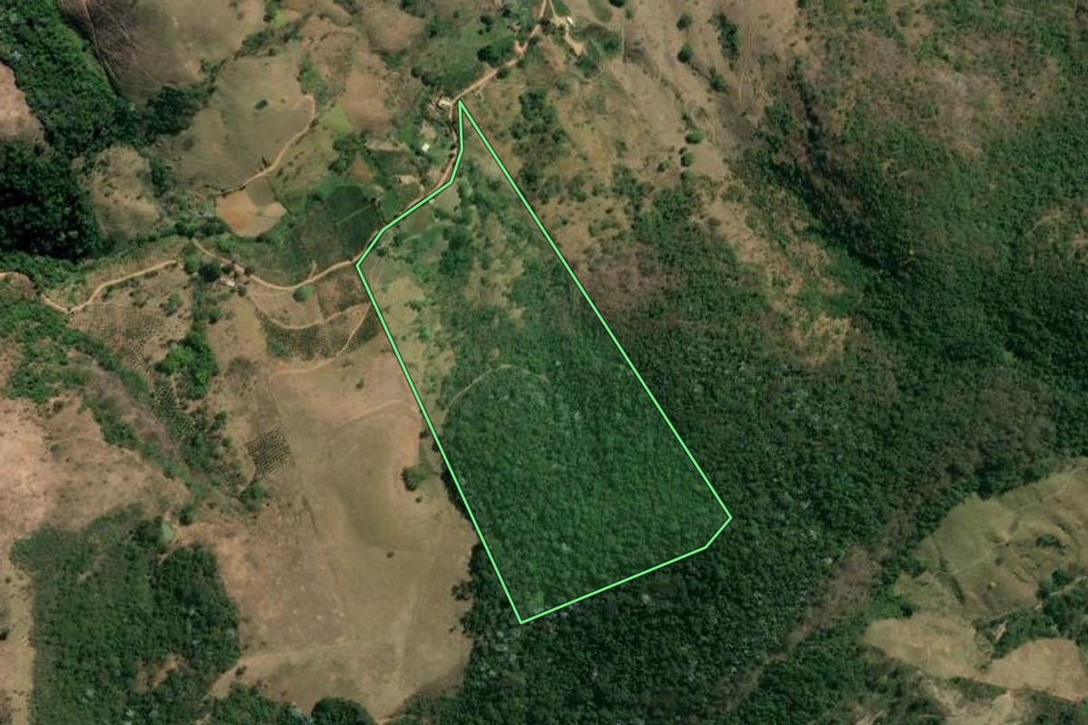 Imagem de satélite do imóvel rural em Sumidouro (RJ), com o contorno declarado no CAR desenhado por cima.