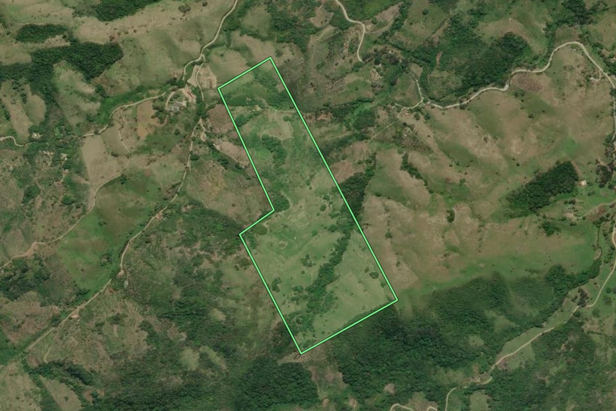 Imagem de satélite do imóvel rural em Tanguá (RJ), com o contorno declarado no CAR desenhado por cima.