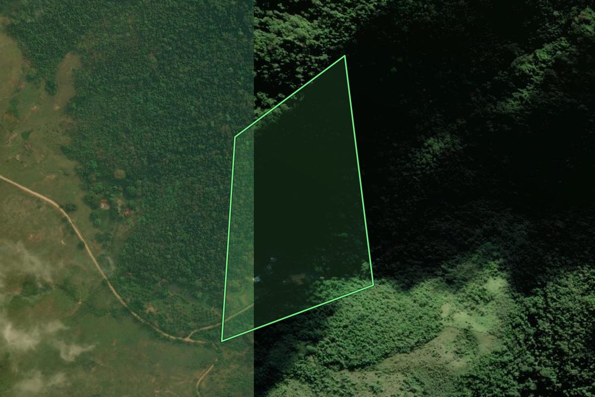 Imagem de satélite do imóvel rural em Tanguá (RJ), com o contorno declarado no CAR desenhado por cima.