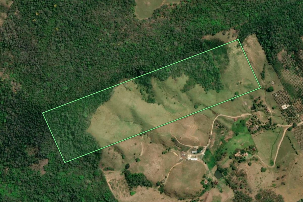 Imagem de satélite do imóvel rural em Tanguá (RJ), com o contorno declarado no CAR desenhado por cima.