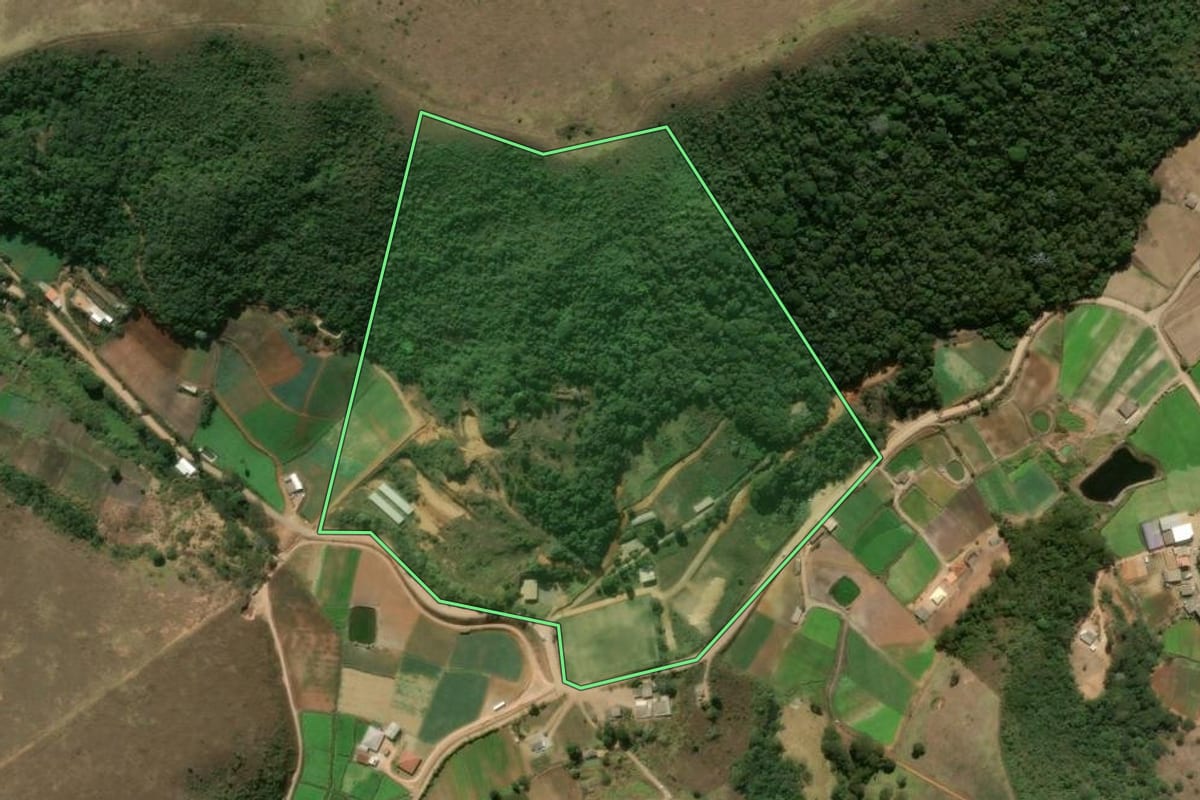 Imagem de satélite do imóvel rural em Teresópolis (RJ), com o contorno declarado no CAR desenhado por cima.