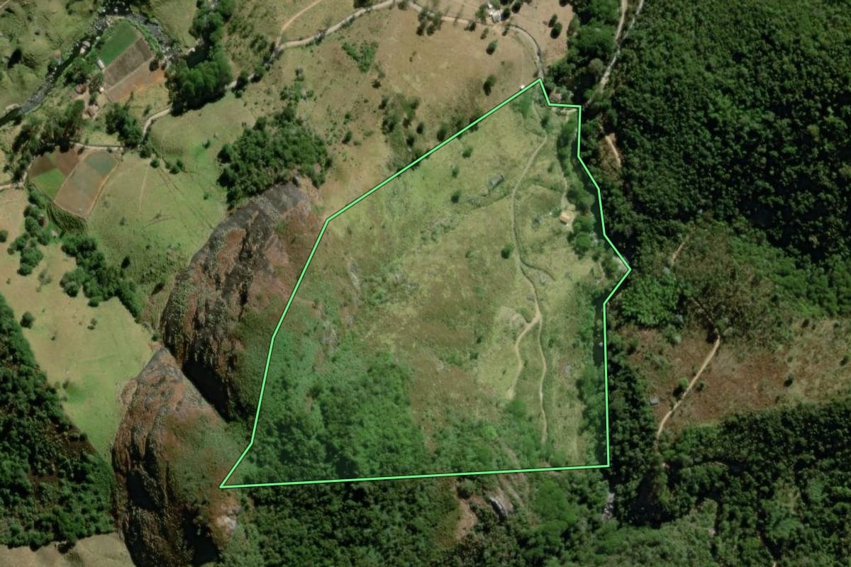 Imagem de satélite do imóvel rural em Teresópolis (RJ), com o contorno declarado no CAR desenhado por cima.