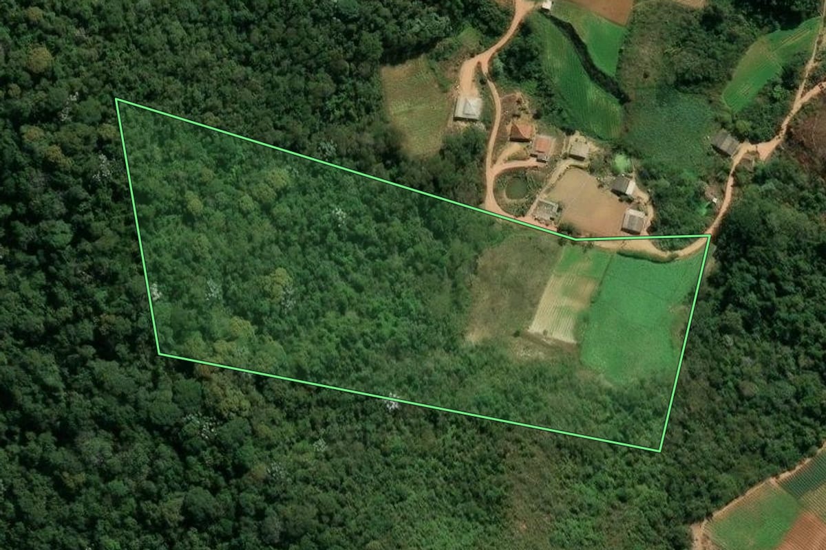 Imagem de satélite do imóvel rural em Teresópolis (RJ), com o contorno declarado no CAR desenhado por cima.