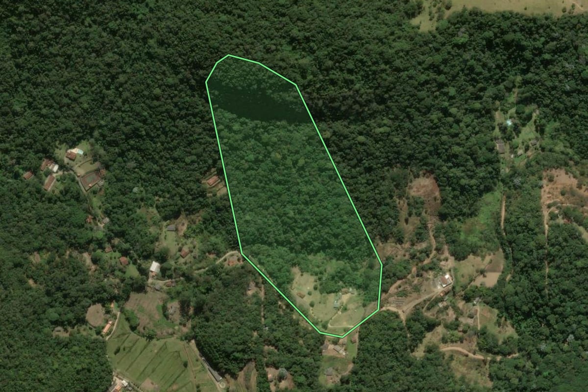 Imagem de satélite do imóvel rural em Teresópolis (RJ), com o contorno declarado no CAR desenhado por cima.