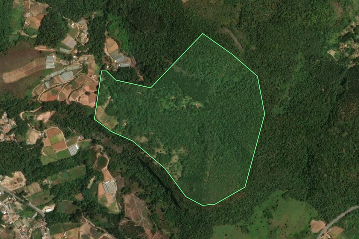 Imagem de satélite do imóvel rural em Teresópolis (RJ), com o contorno declarado no CAR desenhado por cima.