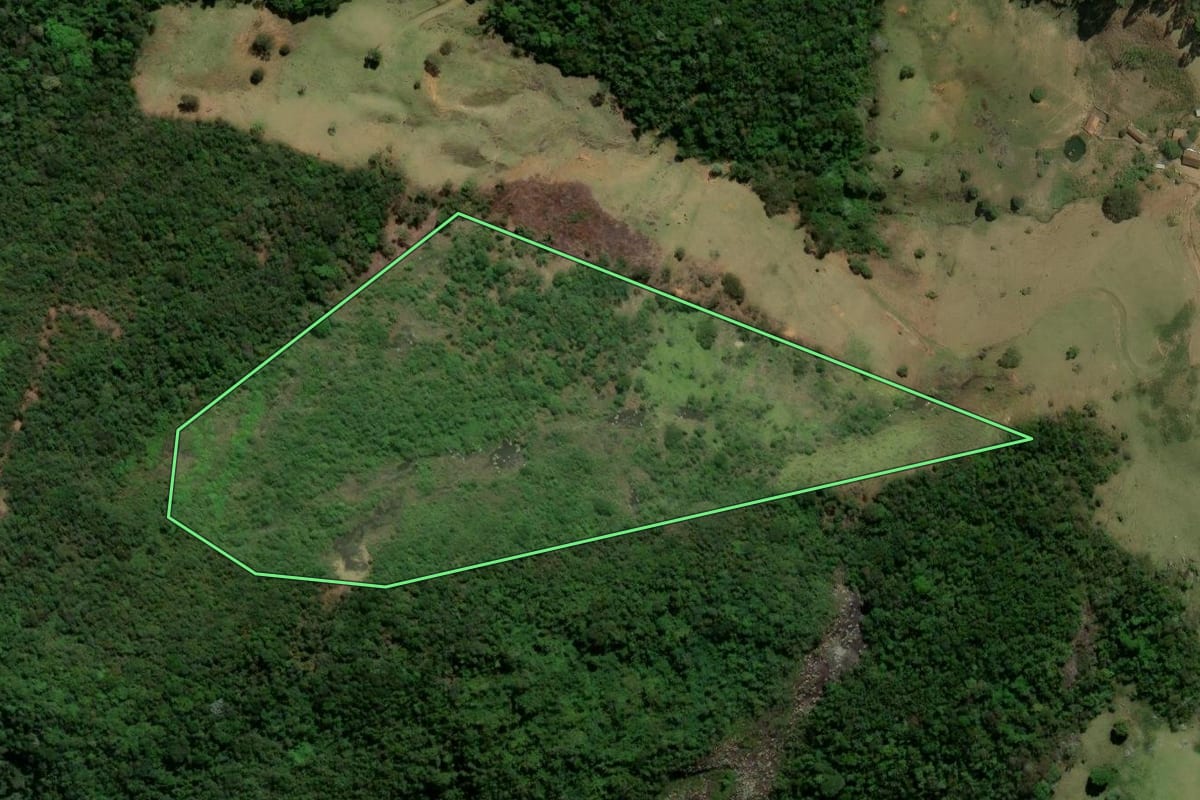 Imagem de satélite do imóvel rural em Trajano de Moraes (RJ), com o contorno declarado no CAR desenhado por cima.