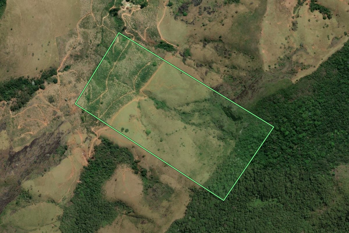 Imagem de satélite do imóvel rural em Trajano de Moraes (RJ), com o contorno declarado no CAR desenhado por cima.