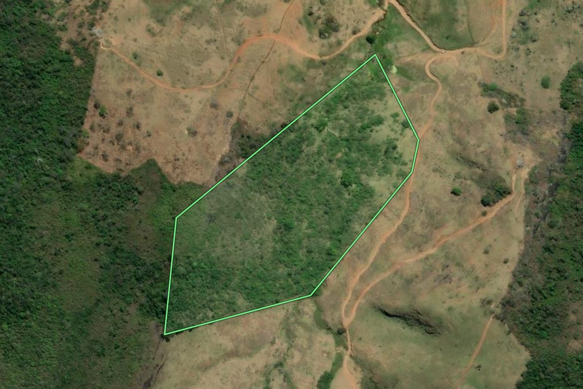 Imagem de satélite do imóvel rural em Trajano de Moraes (RJ), com o contorno declarado no CAR desenhado por cima.