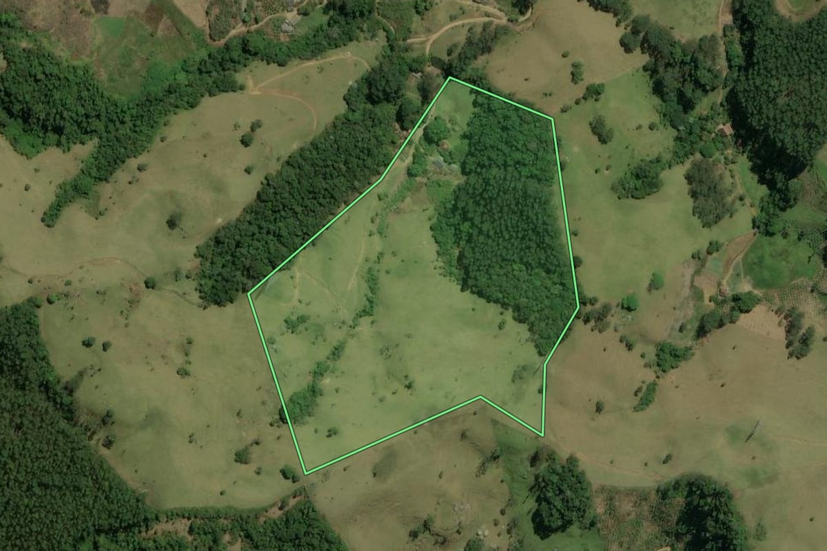Imagem de satélite do imóvel rural em Trajano de Moraes (RJ), com o contorno declarado no CAR desenhado por cima.