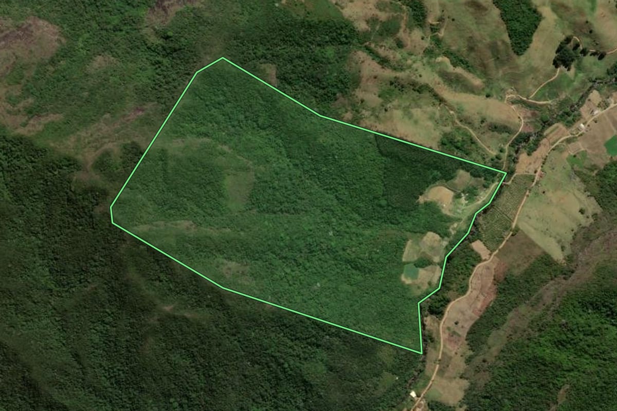 Imagem de satélite do imóvel rural em Trajano de Moraes (RJ), com o contorno declarado no CAR desenhado por cima.