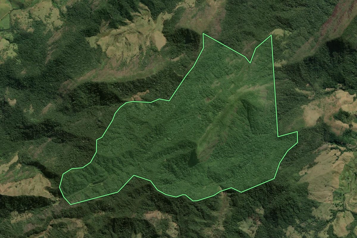Imagem de satélite do imóvel rural em Trajano de Moraes (RJ), com o contorno declarado no CAR desenhado por cima.