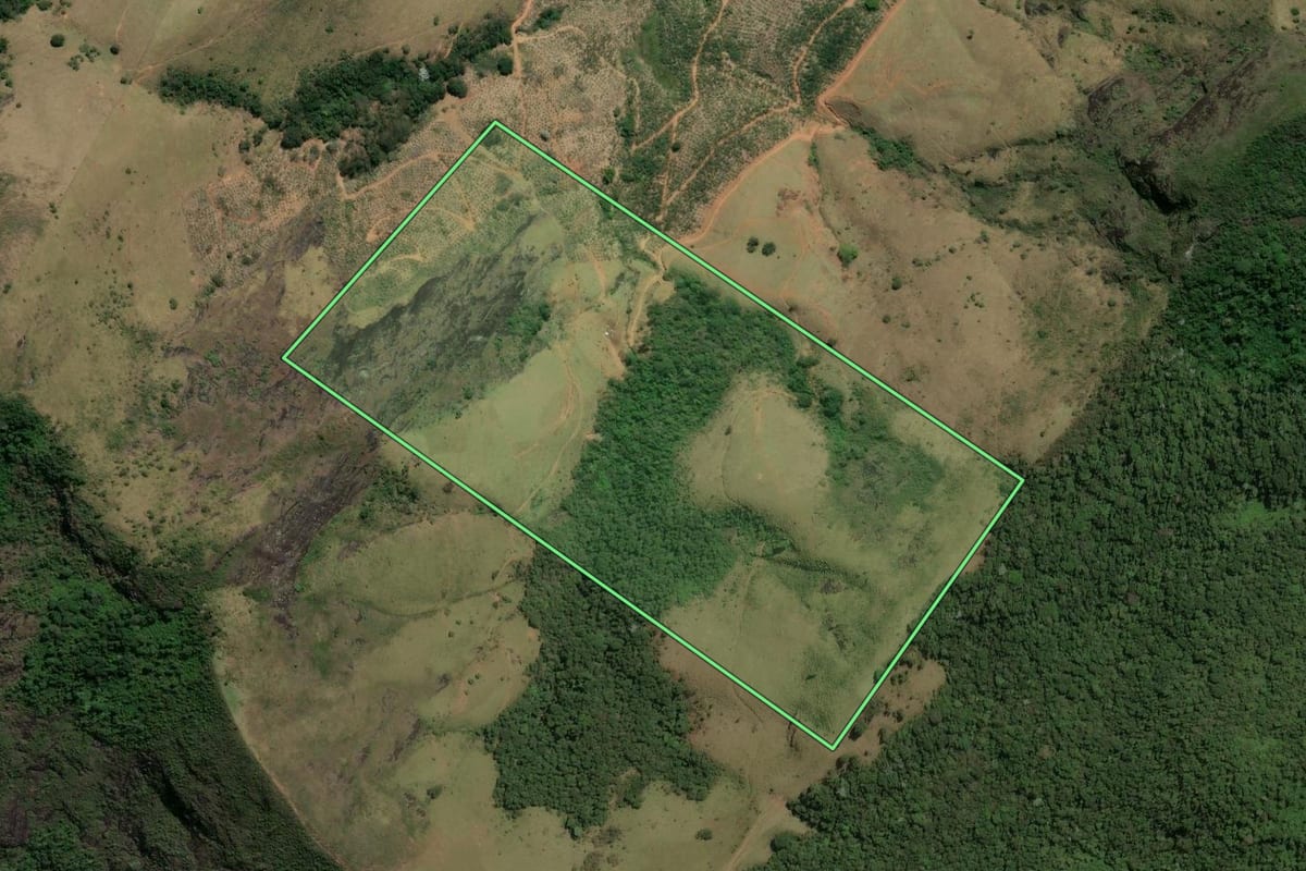 Imagem de satélite do imóvel rural em Trajano de Moraes (RJ), com o contorno declarado no CAR desenhado por cima.