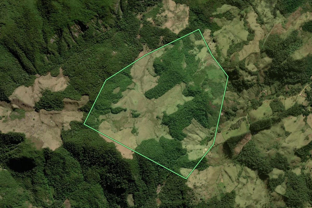 Imagem de satélite do imóvel rural em Trajano de Moraes (RJ), com o contorno declarado no CAR desenhado por cima.