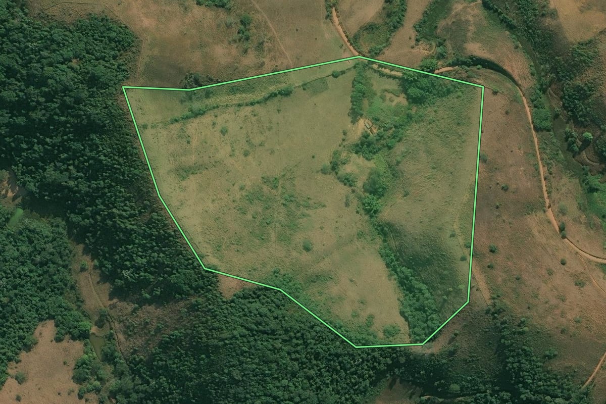 Imagem de satélite do imóvel rural em Valença (RJ), com o contorno declarado no CAR desenhado por cima.