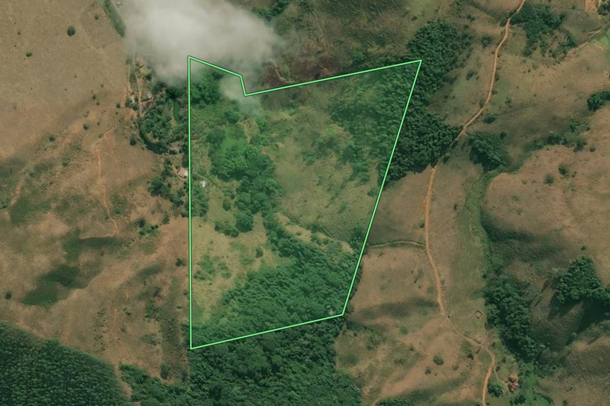 Imagem de satélite do imóvel rural em Valença (RJ), com o contorno declarado no CAR desenhado por cima.