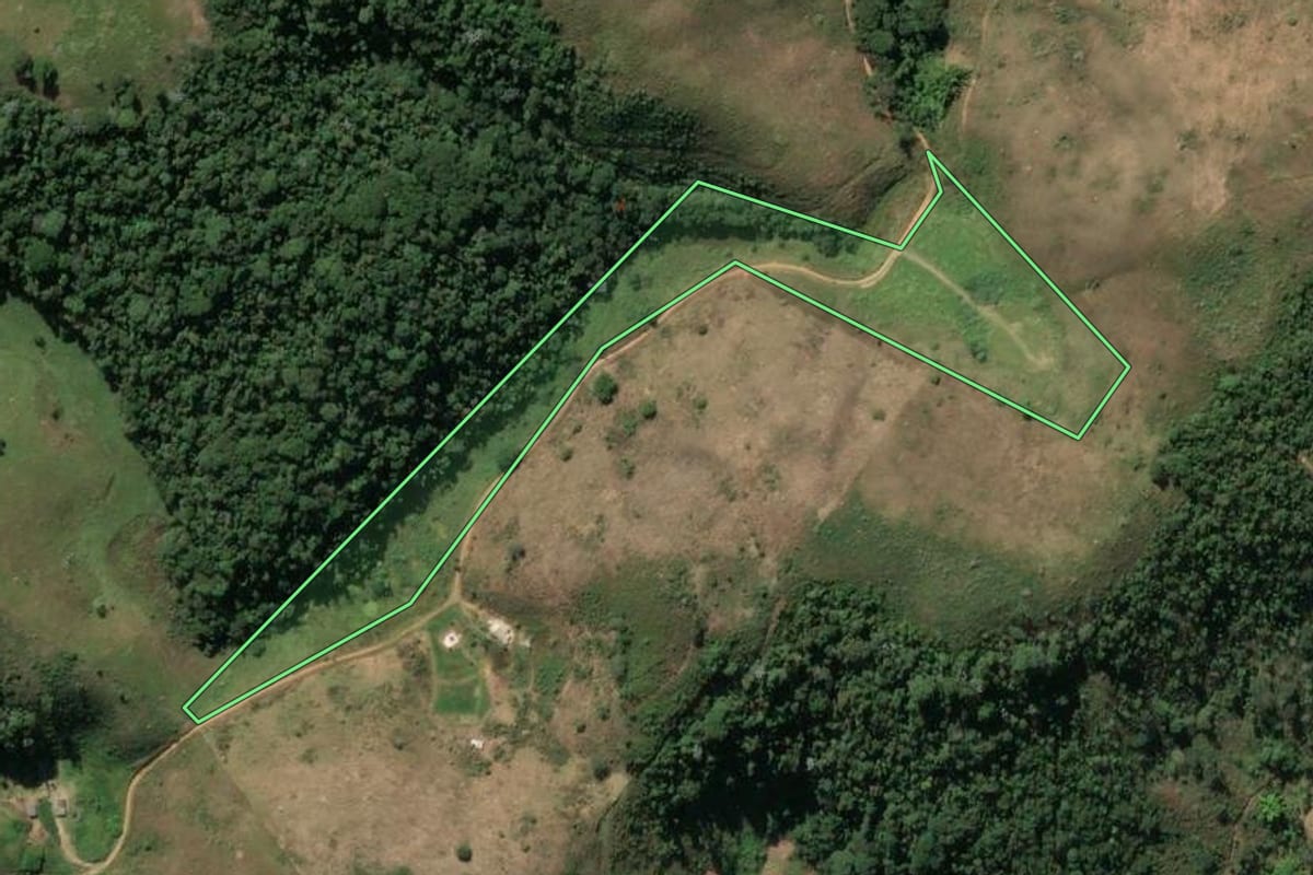 Imagem de satélite do imóvel rural em Valença (RJ), com o contorno declarado no CAR desenhado por cima.