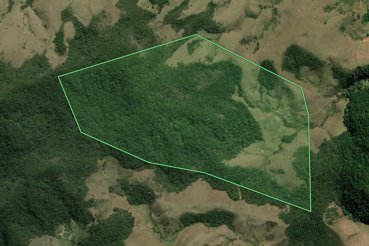 Imagem de satélite do imóvel rural em Valença (RJ), com o contorno declarado no CAR desenhado por cima.