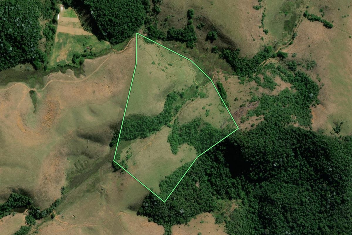 Imagem de satélite do imóvel rural em Valença (RJ), com o contorno declarado no CAR desenhado por cima.
