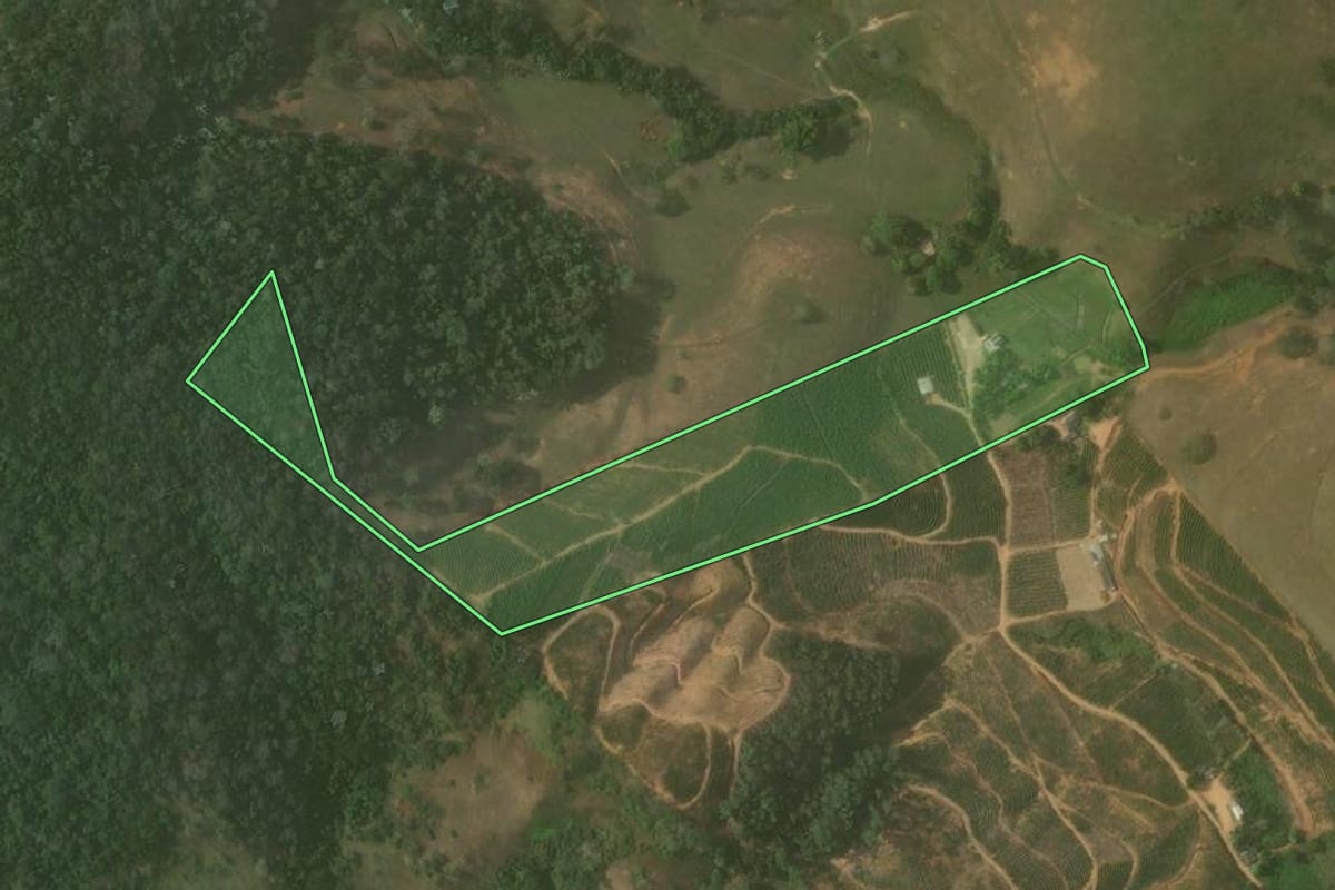 Imagem de satélite do imóvel rural em Varre-Sai (RJ), com o contorno declarado no CAR desenhado por cima.