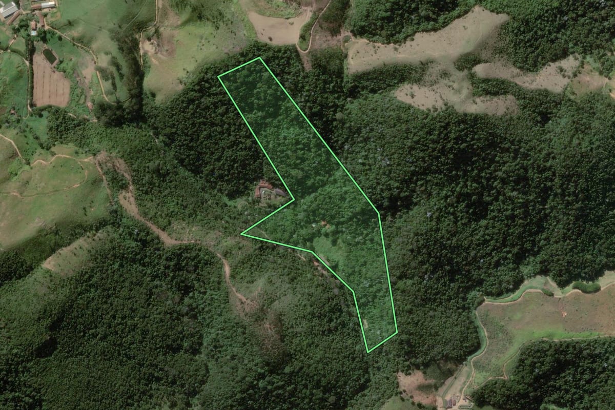 Imagem de satélite do imóvel rural em Vassouras (RJ), com o contorno declarado no CAR desenhado por cima.
