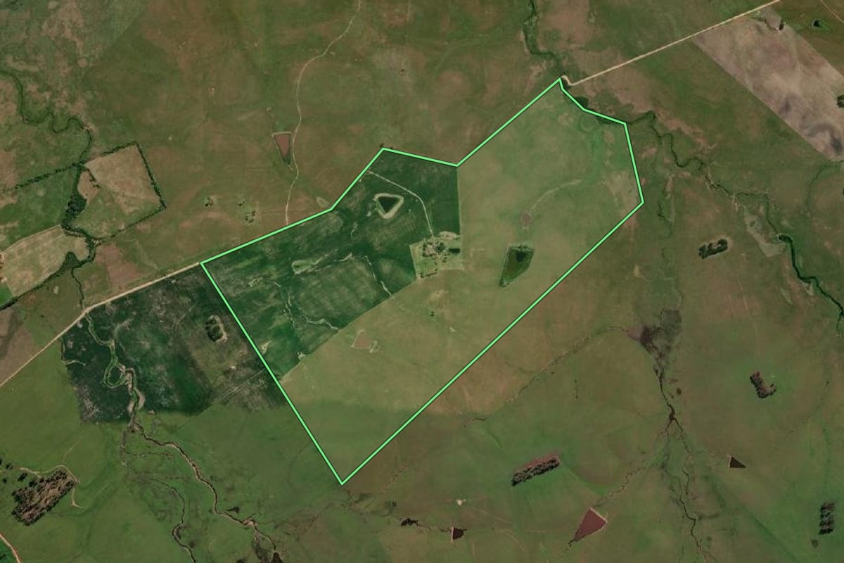 Imagem de satélite do imóvel rural em Aceguá (RS), com o contorno declarado no CAR desenhado por cima.