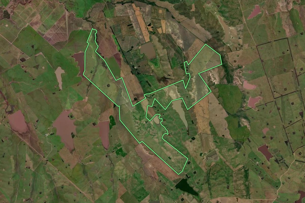 Imagem de satélite do imóvel rural em Aceguá (RS), com o contorno declarado no CAR desenhado por cima.