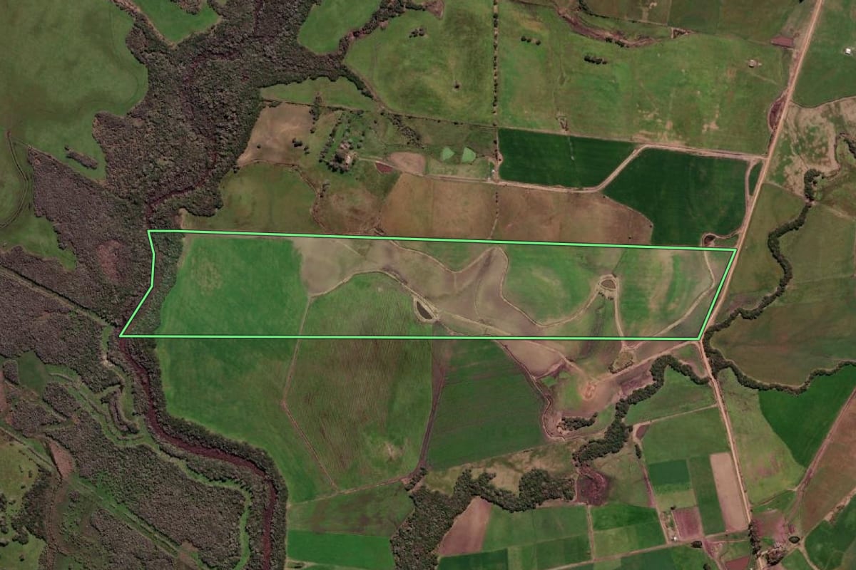 Imagem de satélite do imóvel rural em Aceguá (RS), com o contorno declarado no CAR desenhado por cima.