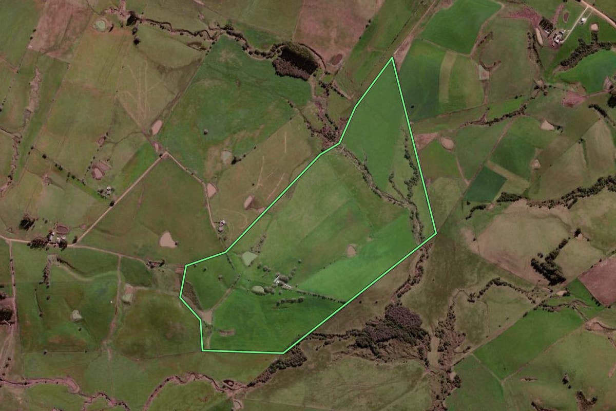Imagem de satélite do imóvel rural em Aceguá (RS), com o contorno declarado no CAR desenhado por cima.