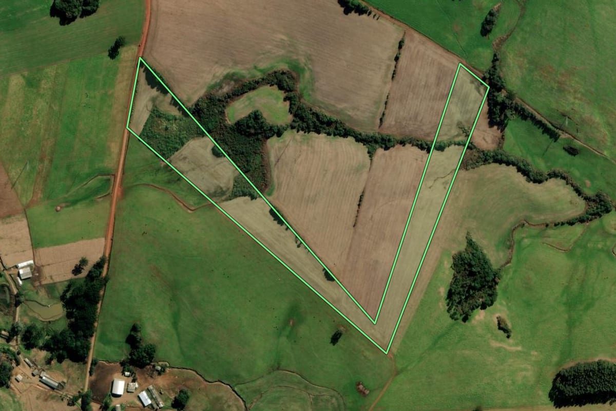 Imagem de satélite do imóvel rural em Água Santa (RS), com o contorno declarado no CAR desenhado por cima.