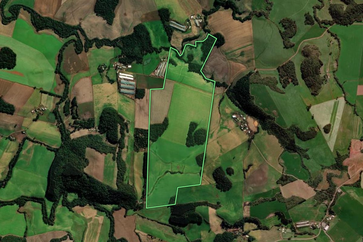 Imagem de satélite do imóvel rural em Água Santa (RS), com o contorno declarado no CAR desenhado por cima.