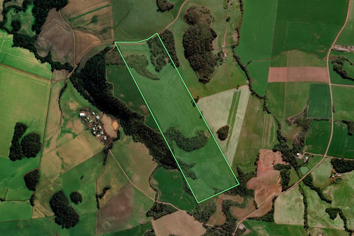 Imagem de satélite do imóvel rural em Água Santa (RS), com o contorno declarado no CAR desenhado por cima.