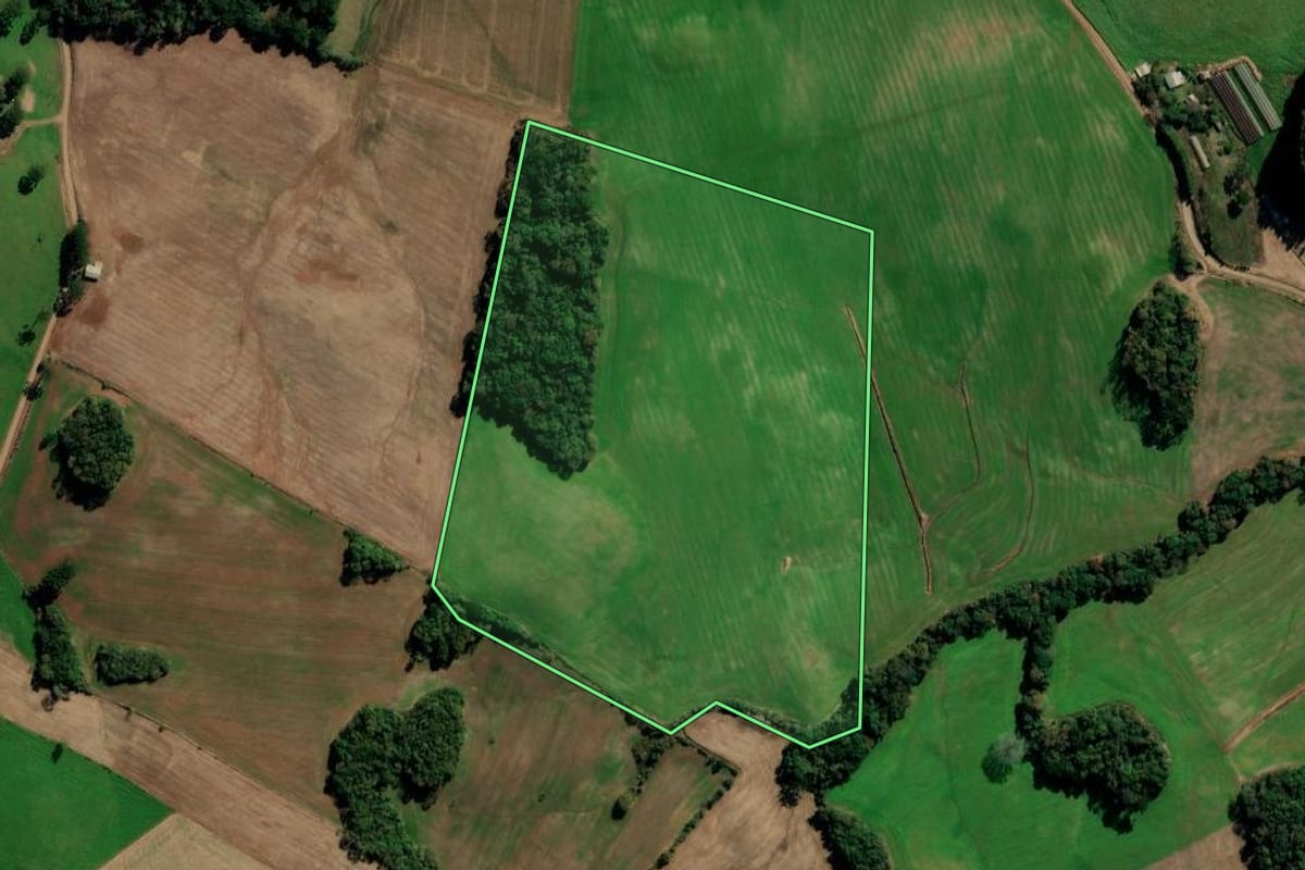 Imagem de satélite do imóvel rural em Água Santa (RS), com o contorno declarado no CAR desenhado por cima.