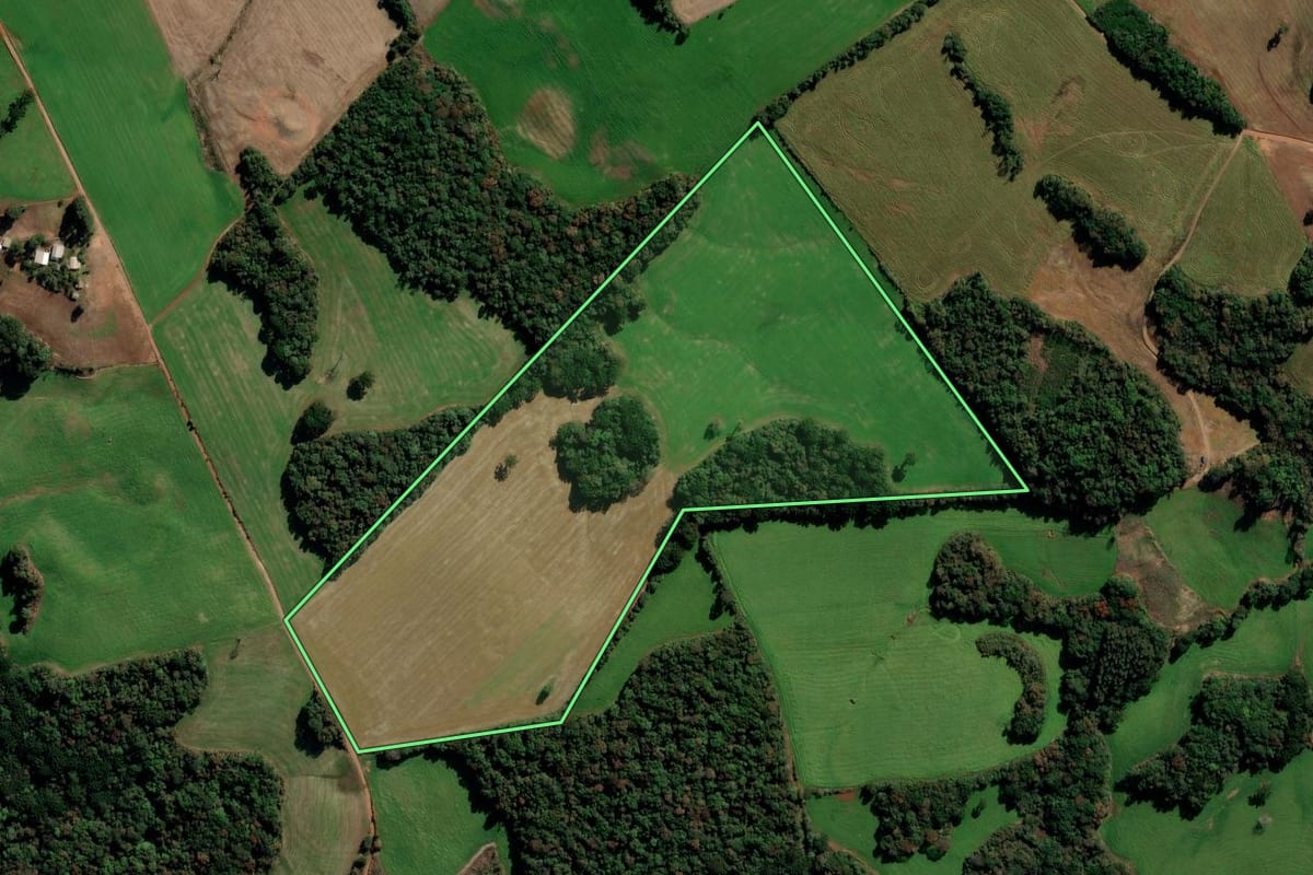 Imagem de satélite do imóvel rural em Água Santa (RS), com o contorno declarado no CAR desenhado por cima.