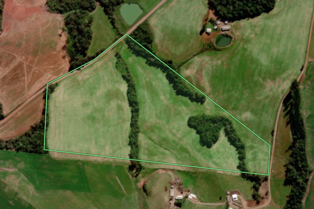 Imagem de satélite do imóvel rural em Água Santa (RS), com o contorno declarado no CAR desenhado por cima.