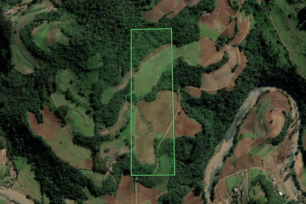 Imagem de satélite do imóvel rural em Agudo (RS), com o contorno declarado no CAR desenhado por cima.