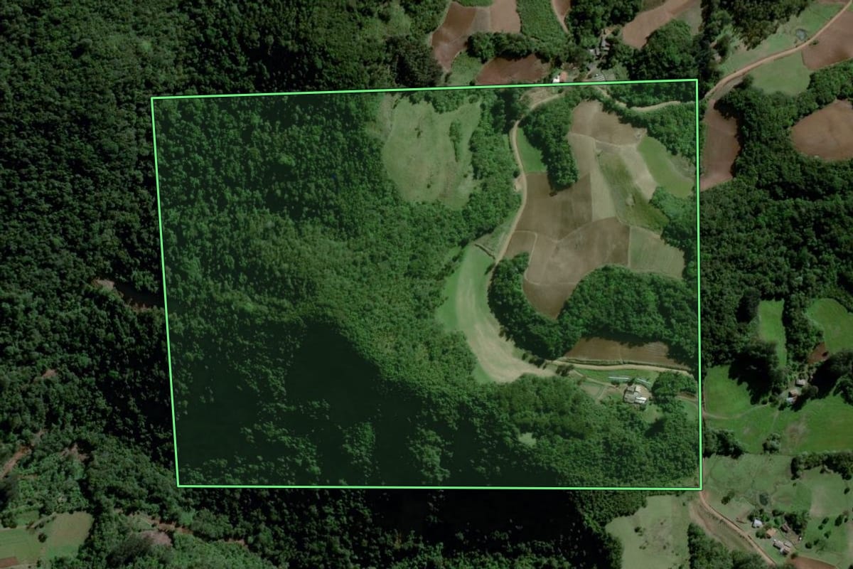 Imagem de satélite do imóvel rural em Agudo (RS), com o contorno declarado no CAR desenhado por cima.