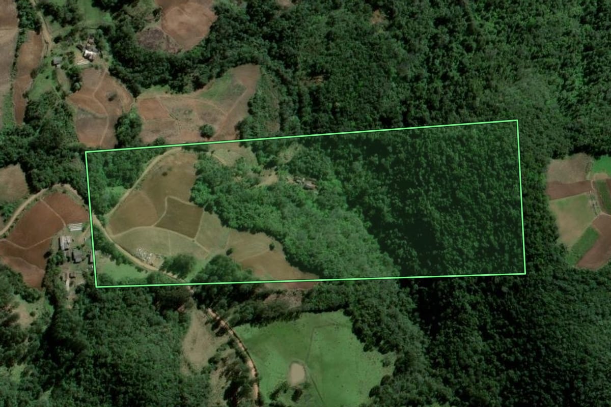 Imagem de satélite do imóvel rural em Agudo (RS), com o contorno declarado no CAR desenhado por cima.