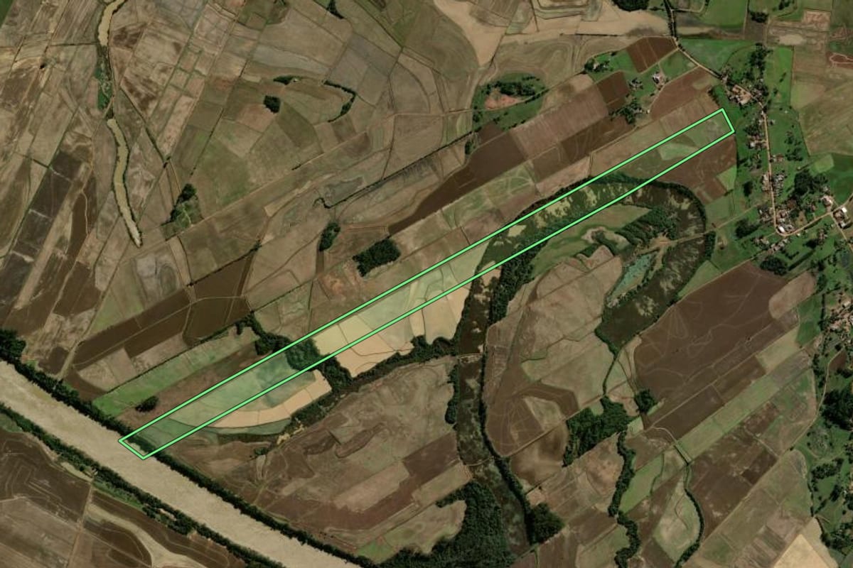 Imagem de satélite do imóvel rural em Agudo (RS), com o contorno declarado no CAR desenhado por cima.
