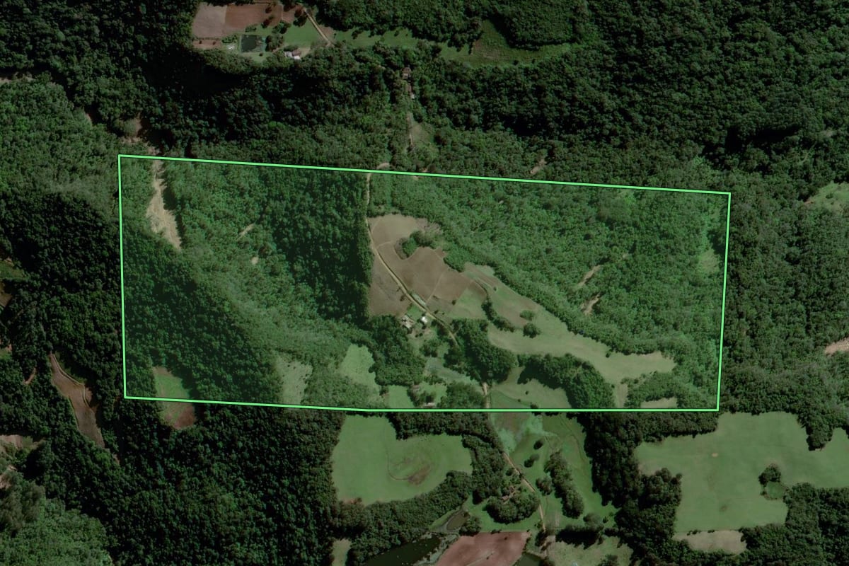 Imagem de satélite do imóvel rural em Agudo (RS), com o contorno declarado no CAR desenhado por cima.