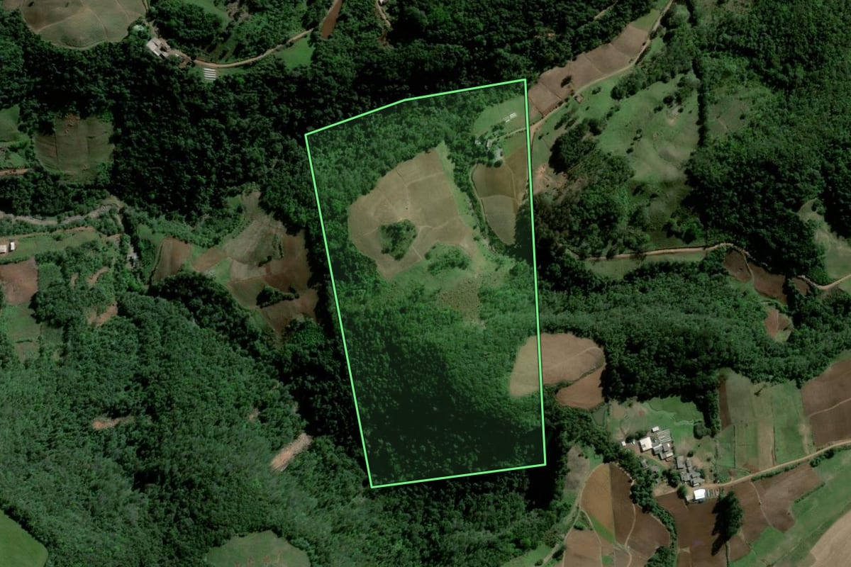 Imagem de satélite do imóvel rural em Agudo (RS), com o contorno declarado no CAR desenhado por cima.
