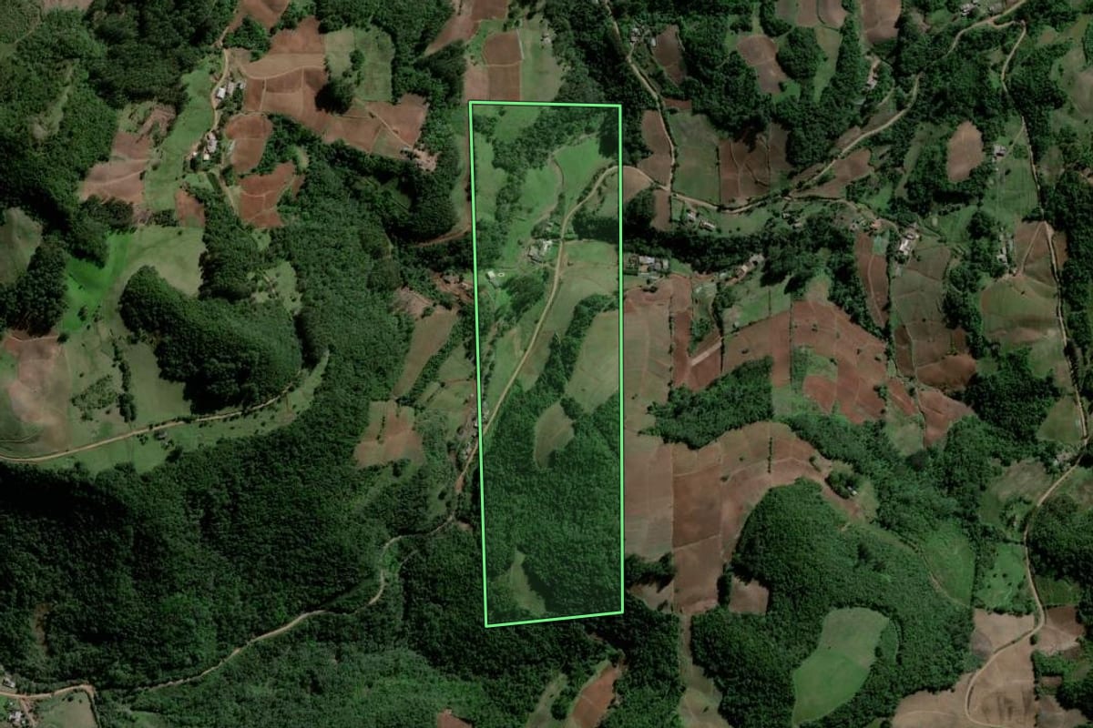 Imagem de satélite do imóvel rural em Agudo (RS), com o contorno declarado no CAR desenhado por cima.