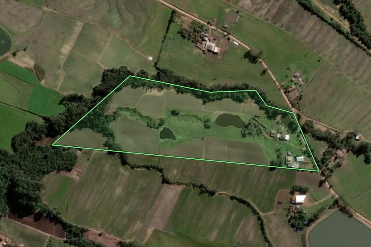 Imagem de satélite do imóvel rural em Agudo (RS), com o contorno declarado no CAR desenhado por cima.